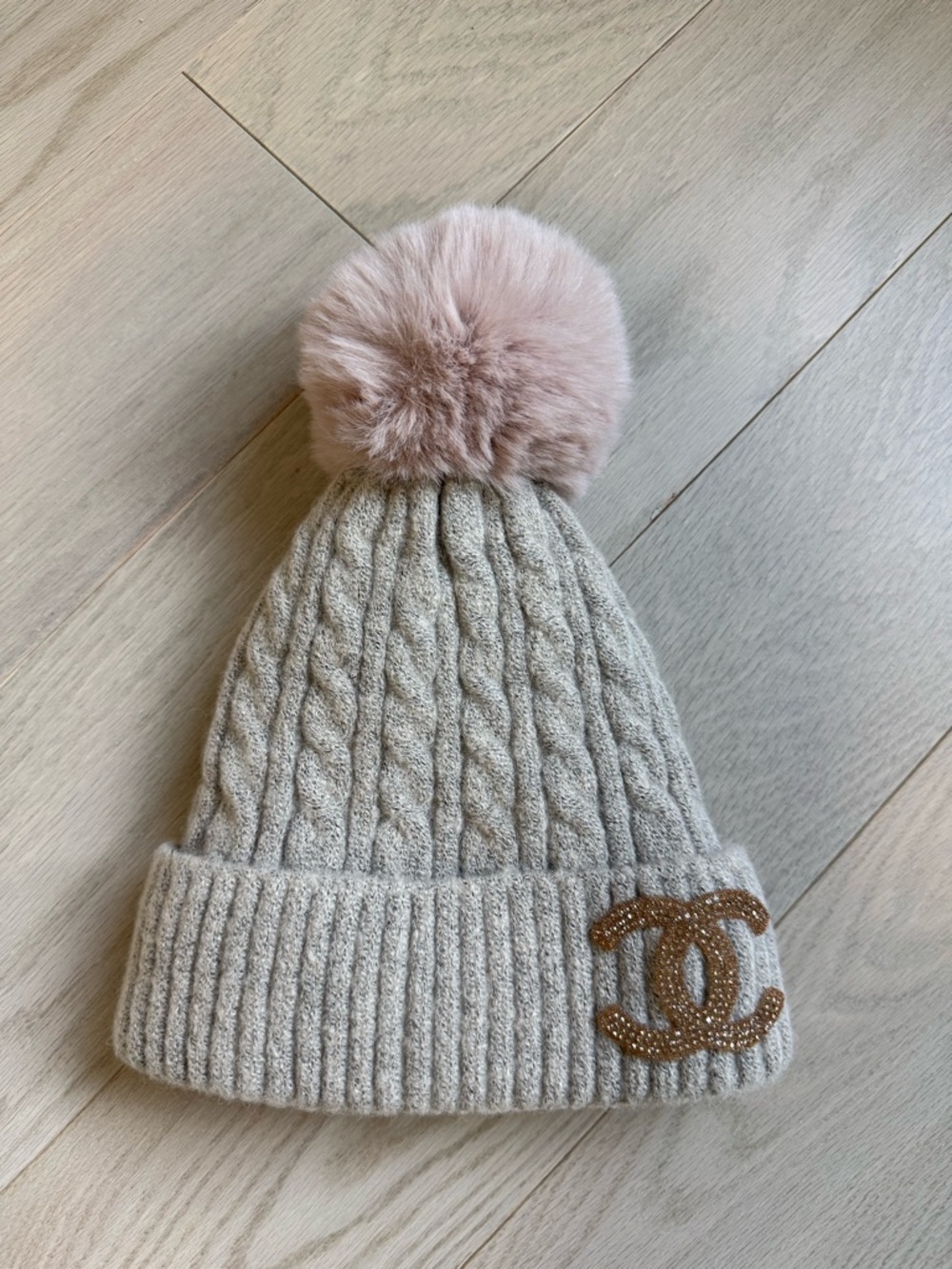 Beige Cable Knit Beanie with Pink Pom and Chanel Symbol